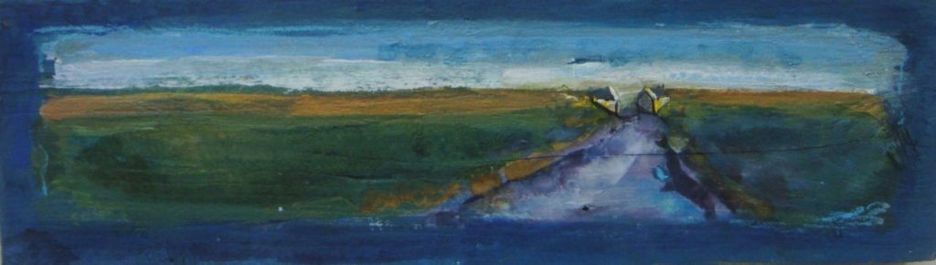 Dijkcoupure naar C.C.Polder 2015. Gemengde techniek op hout, 8 bij 40 cm; verkocht