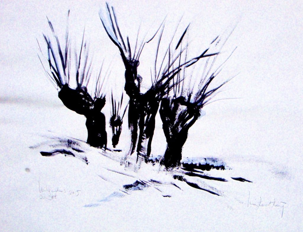 Wilgen 2015. Oostindische inkt op rijstpapier, 50 bij 65 cm, incl. lijst