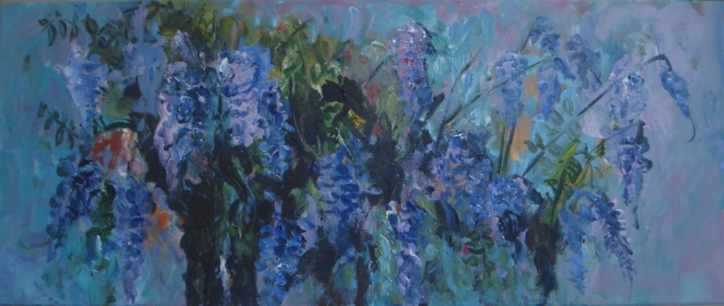 blauwe regen, 50 bij 120 cm, acryl op linnen