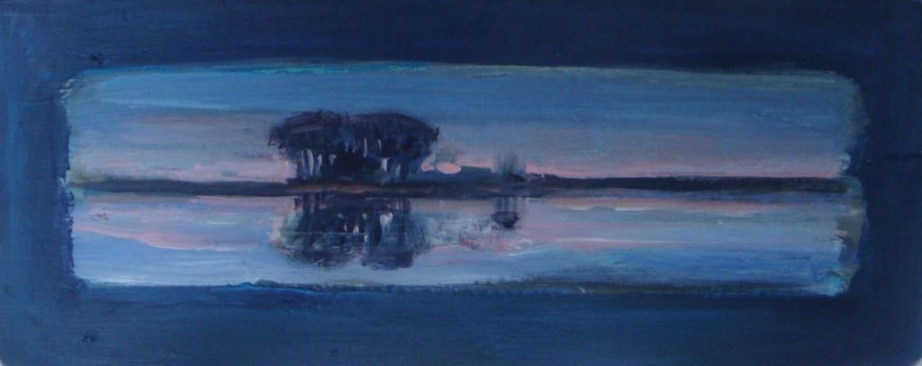 Licht op de rivier, 2016. Gemengde techniek op hout, 16 bij 40 cm