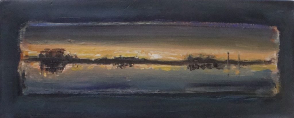 Rivier in avondlicht, 2016. Gemengde techniek op hout, 16 bij 40 cm