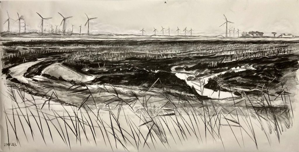 Verdronken land, 2023. Houtskool op papier 150 bij 280 cm